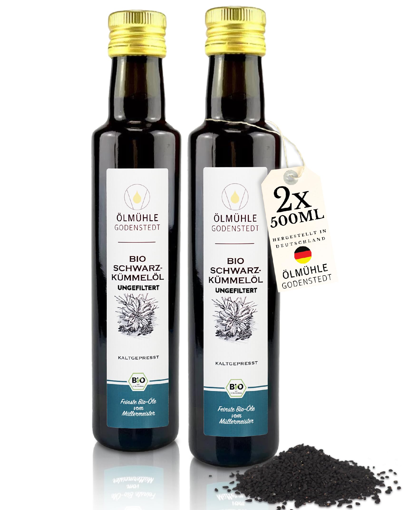 Bio Schwarzkümmelöl, ungefiltert (2x500ml) - 1. Kaltpressung, täglich frisch gepresst, hoher Thymochinon Gehalt, ägyptische Nigella Sativa Saat, Müller Handwerk