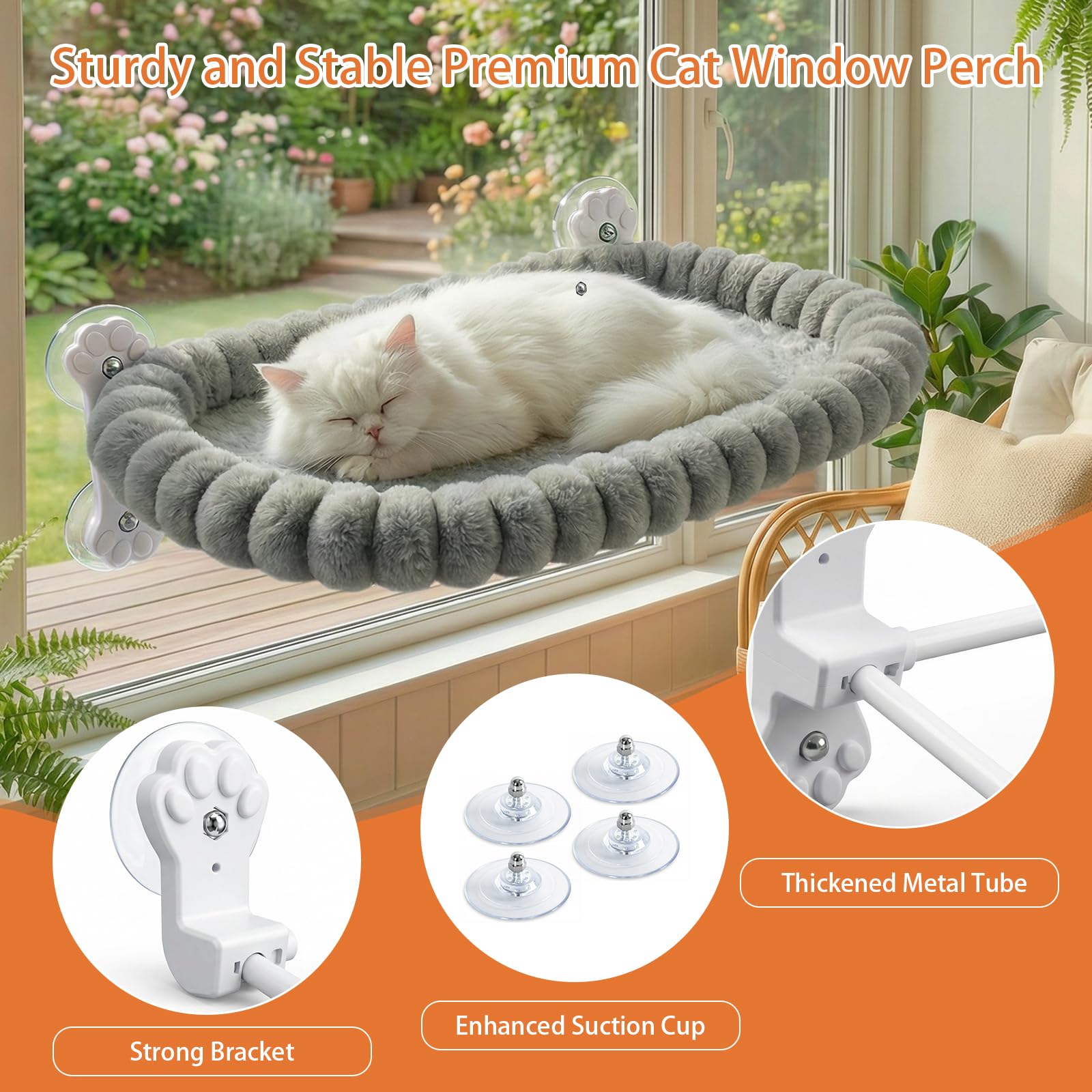 Homegroove Katzen-Fensterliege, 60 x 30 cm Faltbare Katzenhängematte für das Fenster mit 4-seitiger Polsterung & 4 großen Saugnäpfen, kabelloses Fensterbett für Wohnungskat (Grau, Large(60x30cm))