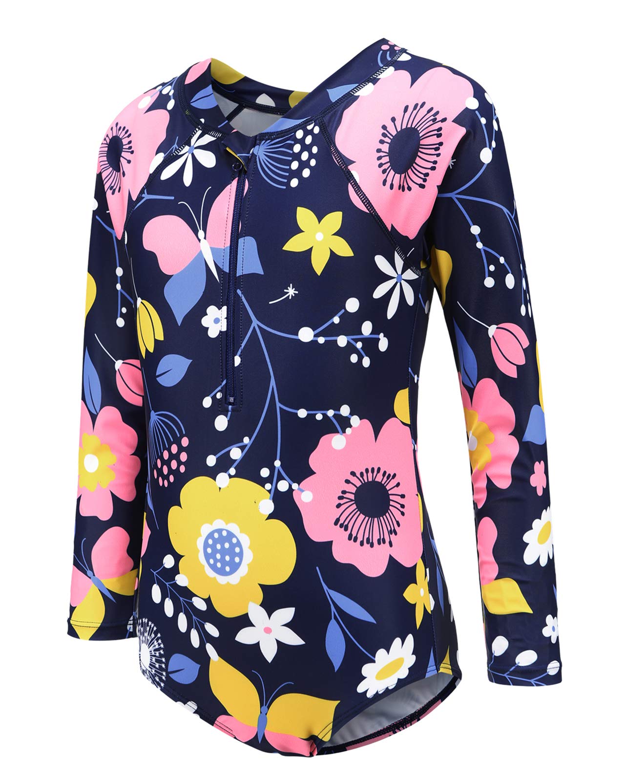 Girls Long Sleeve Rash Guard One Piece Swimsuit Kids UPF 50+ Sun Protection Swimwear Rainbow Striped Bathing Suit 3-14 Years