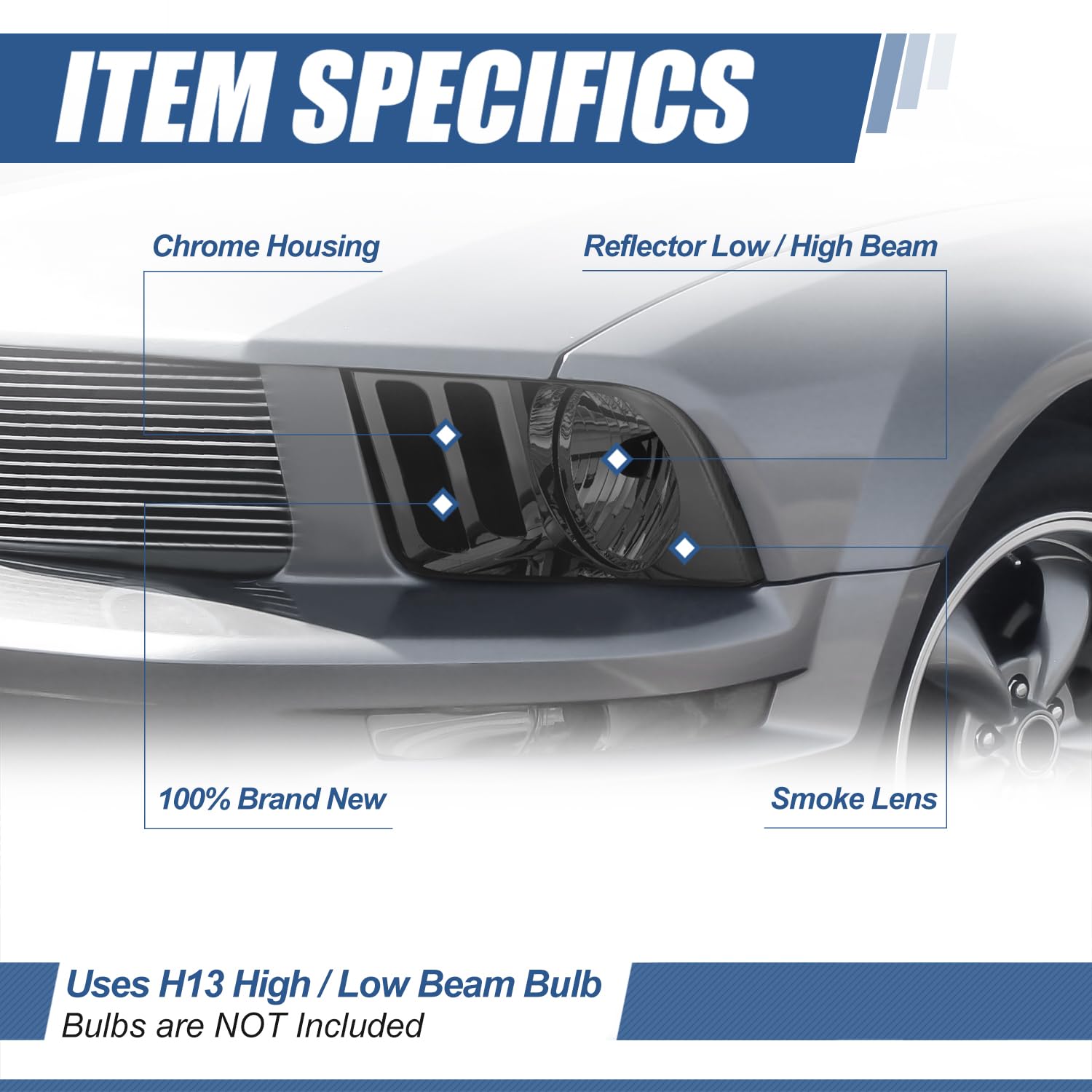 Auto Dynasty Headlights Assembly Compatible with 2005-2009 Ford Mustang Pony 5th Gen, Driver and Passenger Side Halogen Headlamps Replacement, Smoked Lens Clear Corner