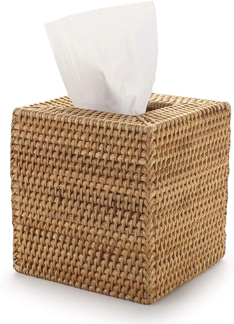 Square Rattan Tissue Box Cover, Hand Woven Wicker Tissue Holder, 14.5 x 14.5 x 14.5 cm, Natural