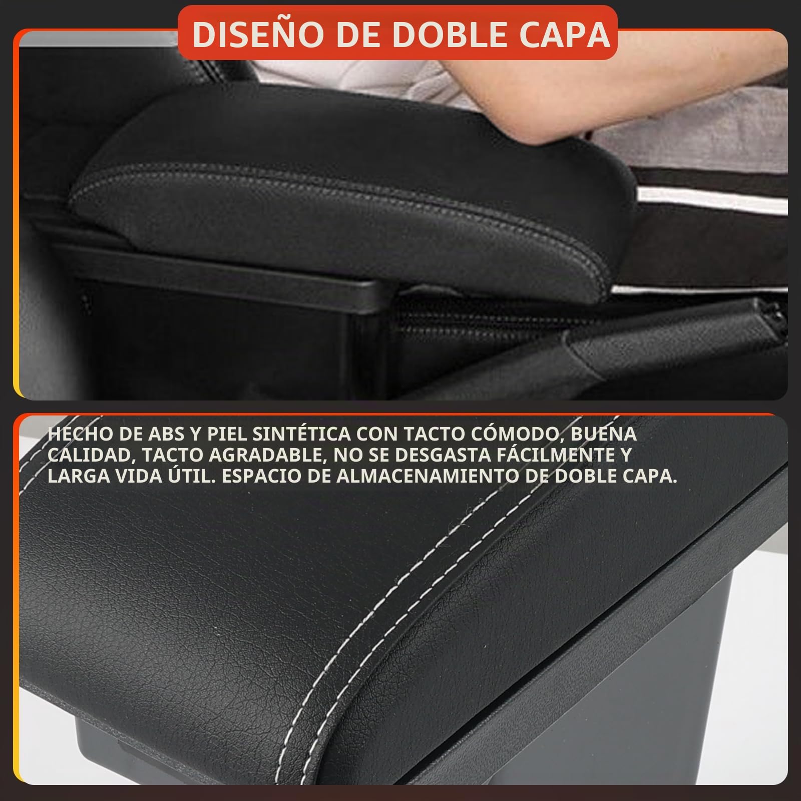 XUKEY Reposabrazos de Doble Capa de Cuero Negro con Consola Central, 2008, con Caja de Almacenamiento - Black with White Thread