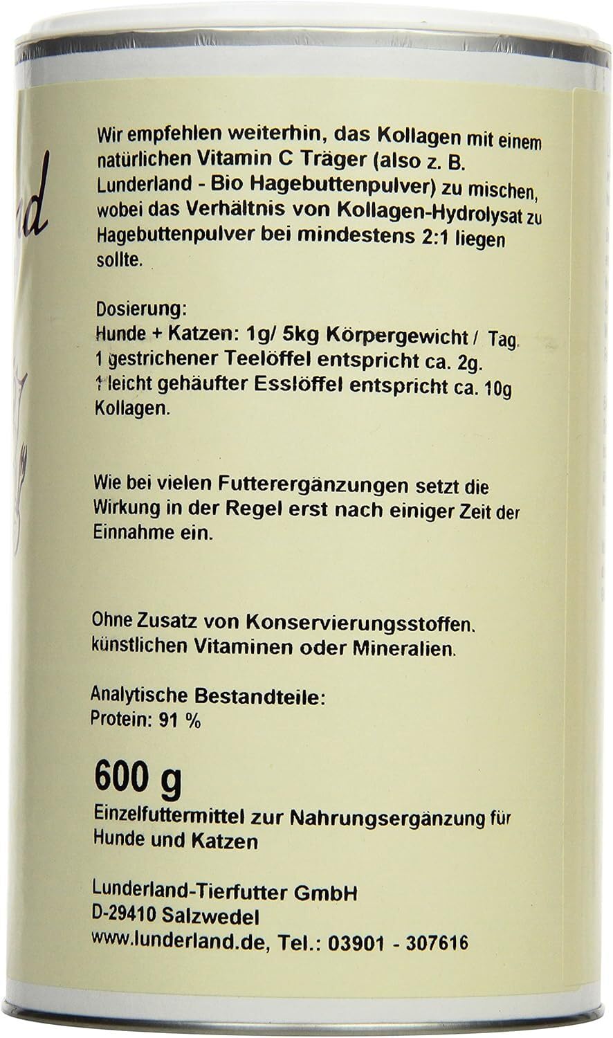 Lunderland Kollagen | 600 g | Einzelfuttermittel für Hunde & Katzen | 100% Kollagen Hydrolysat