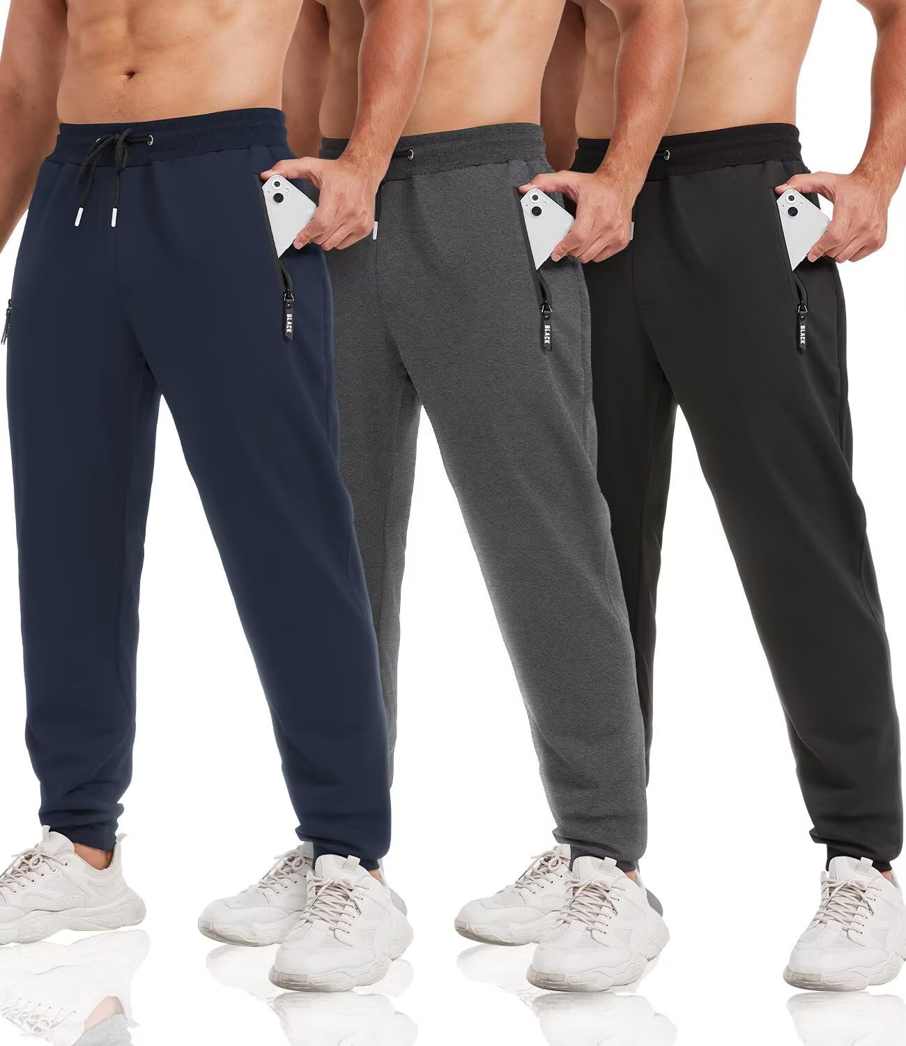 lomsoe 3er-Pack Jogginghose Herren Tapered, Trainingshose Herren mit Reißverschlusstaschen, Sporthose Herren Lang Sweatpants Fleece Slim Fit für Laufen und Fitness