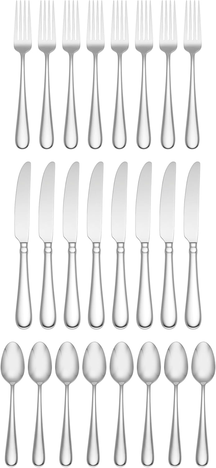 Lenox Silverware Set, Studio 1414 Mirror 24 Piece Flatware Set, Service For 8, 18/10 Stainless Steel, Dishwasher Safe, Flatware Cutlery Sets, Utensils, Knives Spoons and Forks (Silver, 24 Pieces)