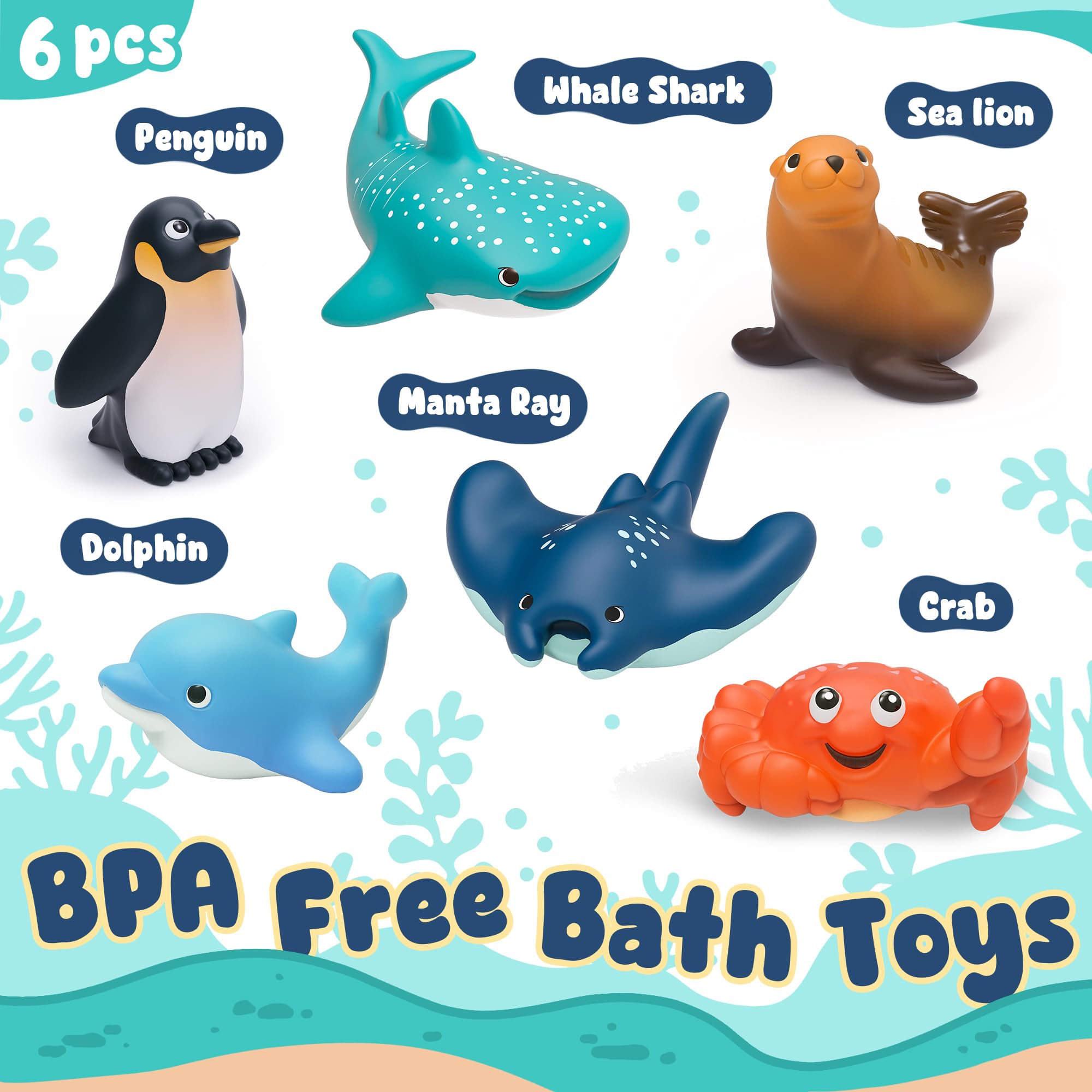 6er Set Ozean Badespielzeug für Kleinkinder 6m ohne Bohren ohne Form Badewannenspielzeug ohne Form Hai Wal Delphin Pinguin Meerestiere Set für den