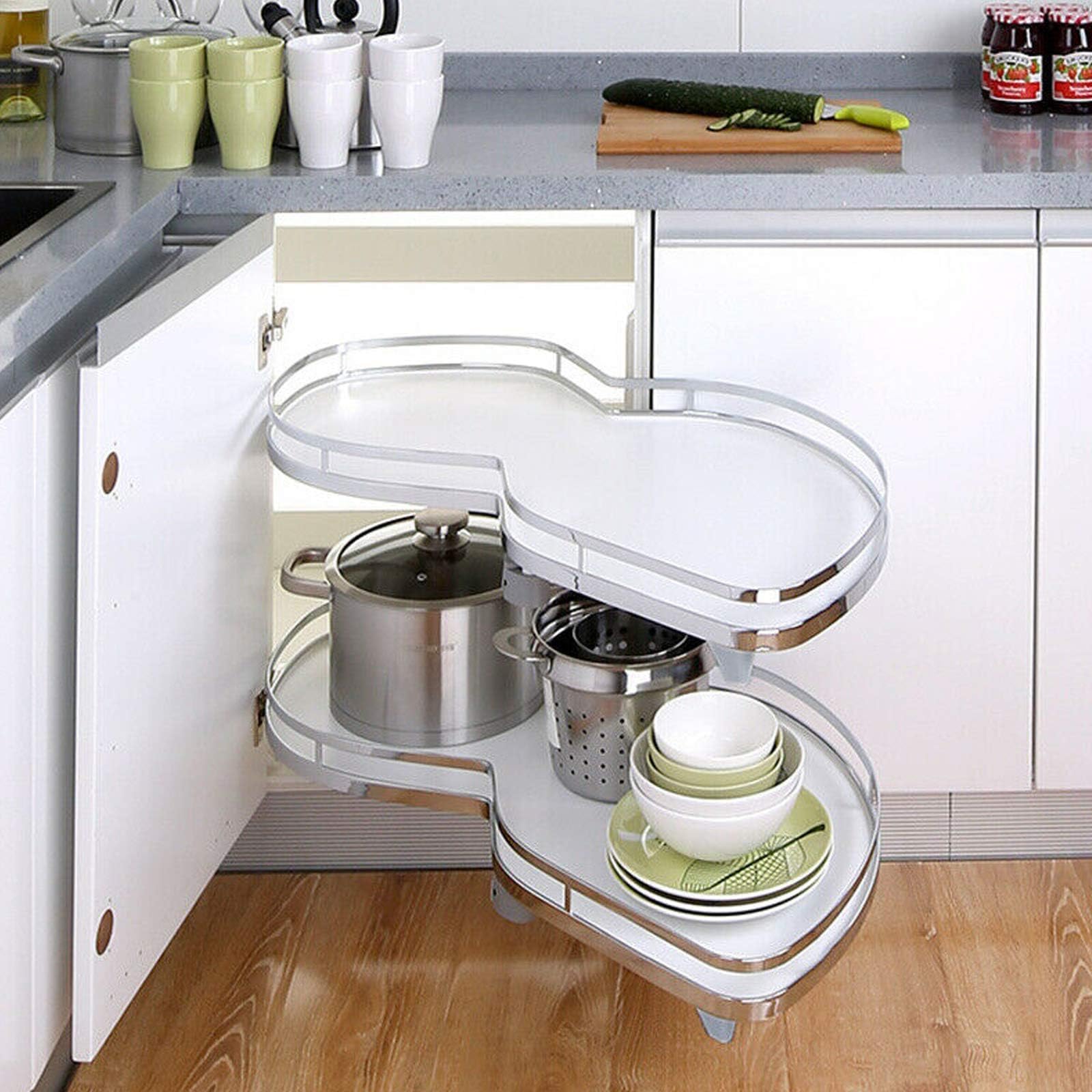 IUokLU Kitchen Cabinet Blind Corner Pullout Organizer, Flying Saucer Shelving Unit 2 Tier Pullout Organizer, for 900mm-1000mm Cabinet Whit - Right/Left Open(Right Open)