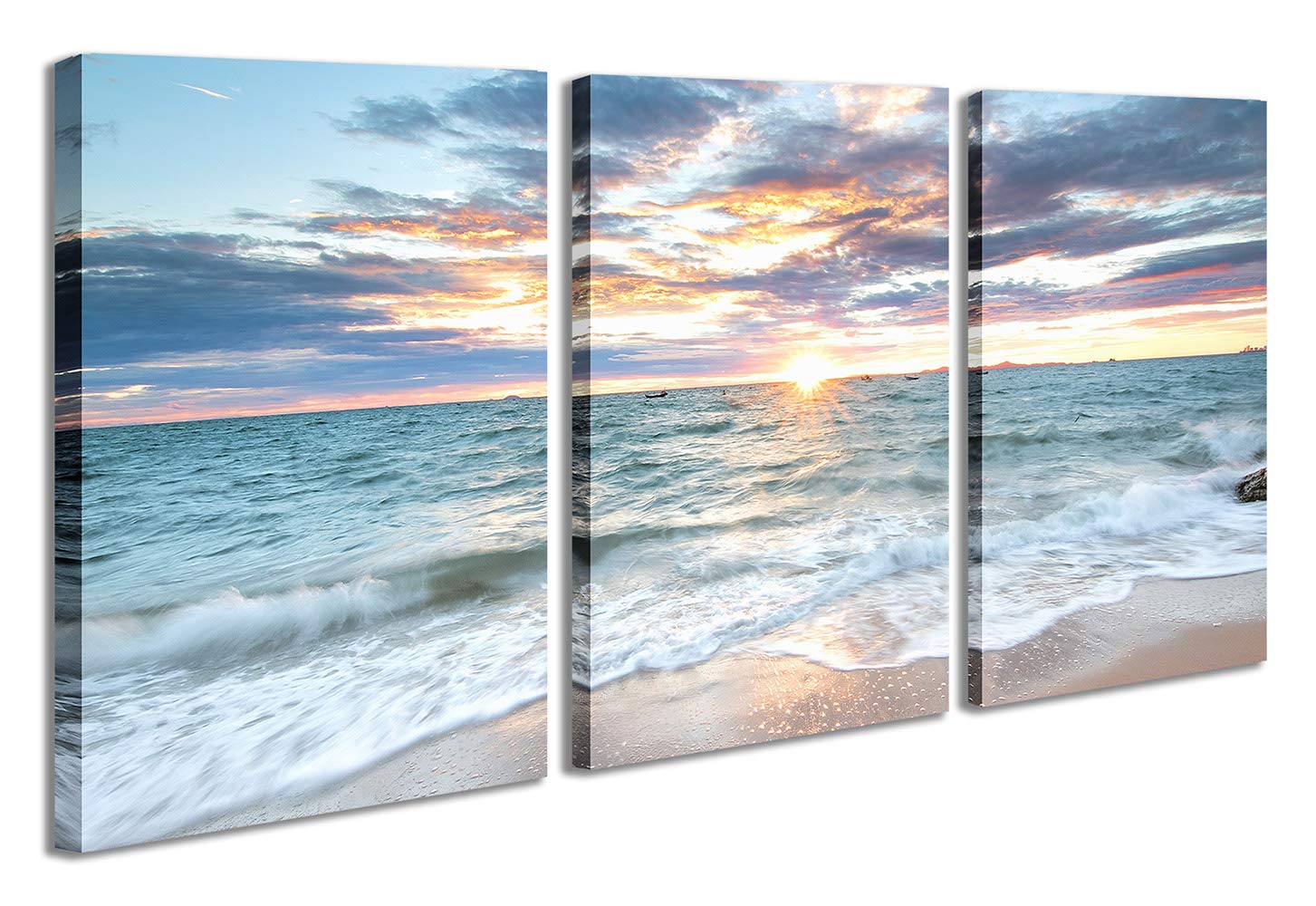 Sunset Ocean Decor Wall Art Beach Nature Landscape Picture Canvas Print for Living Room with Framed 12"x16"x3 Panels