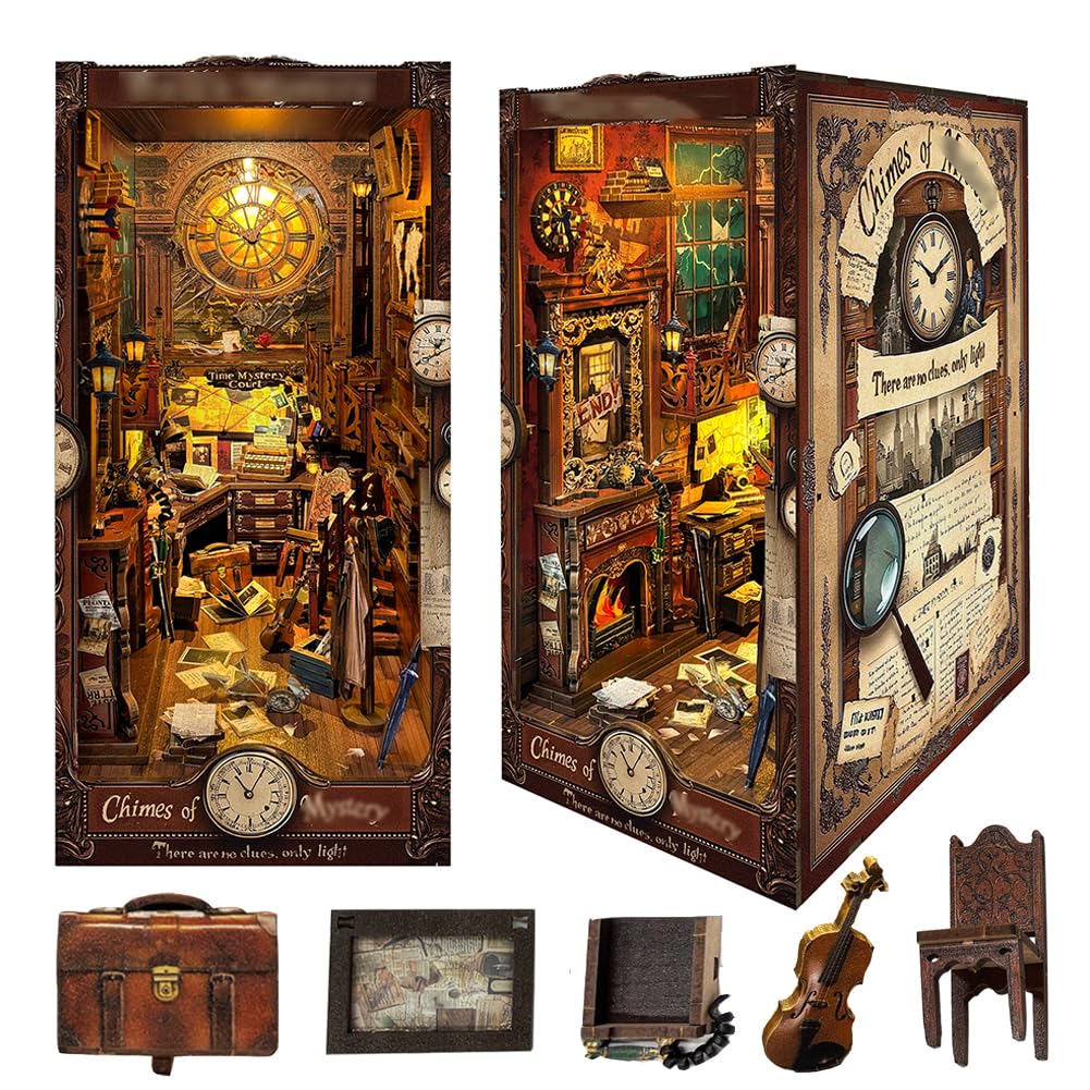 Kit di puzzle 3D in legno per angolo libro, kit fai da te in miniatura con LED per libreria, decorazione fai da te per casa delle bambole fermalibri, casa delle bambole, regalo di Natale