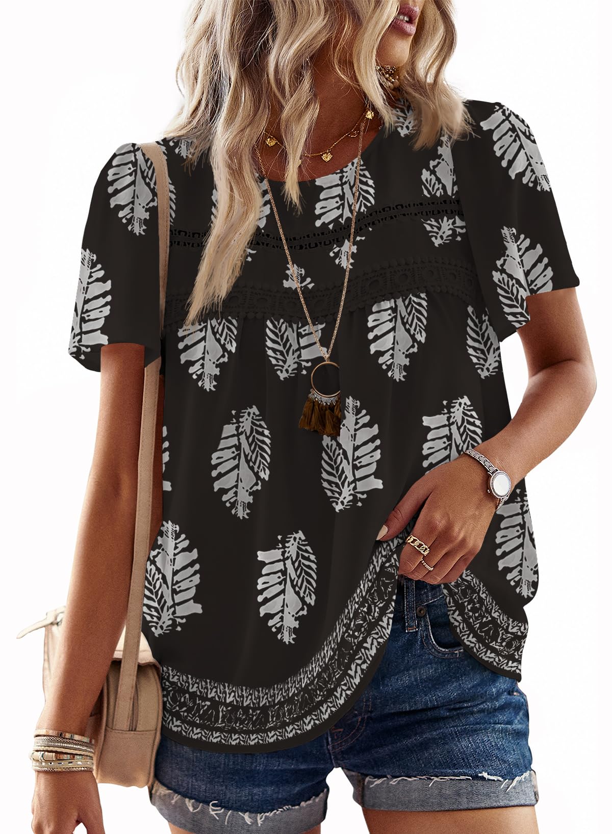 Falechay Womens Summer Tops Flowy Boho Shirts Dressy Casual Short Sleeve