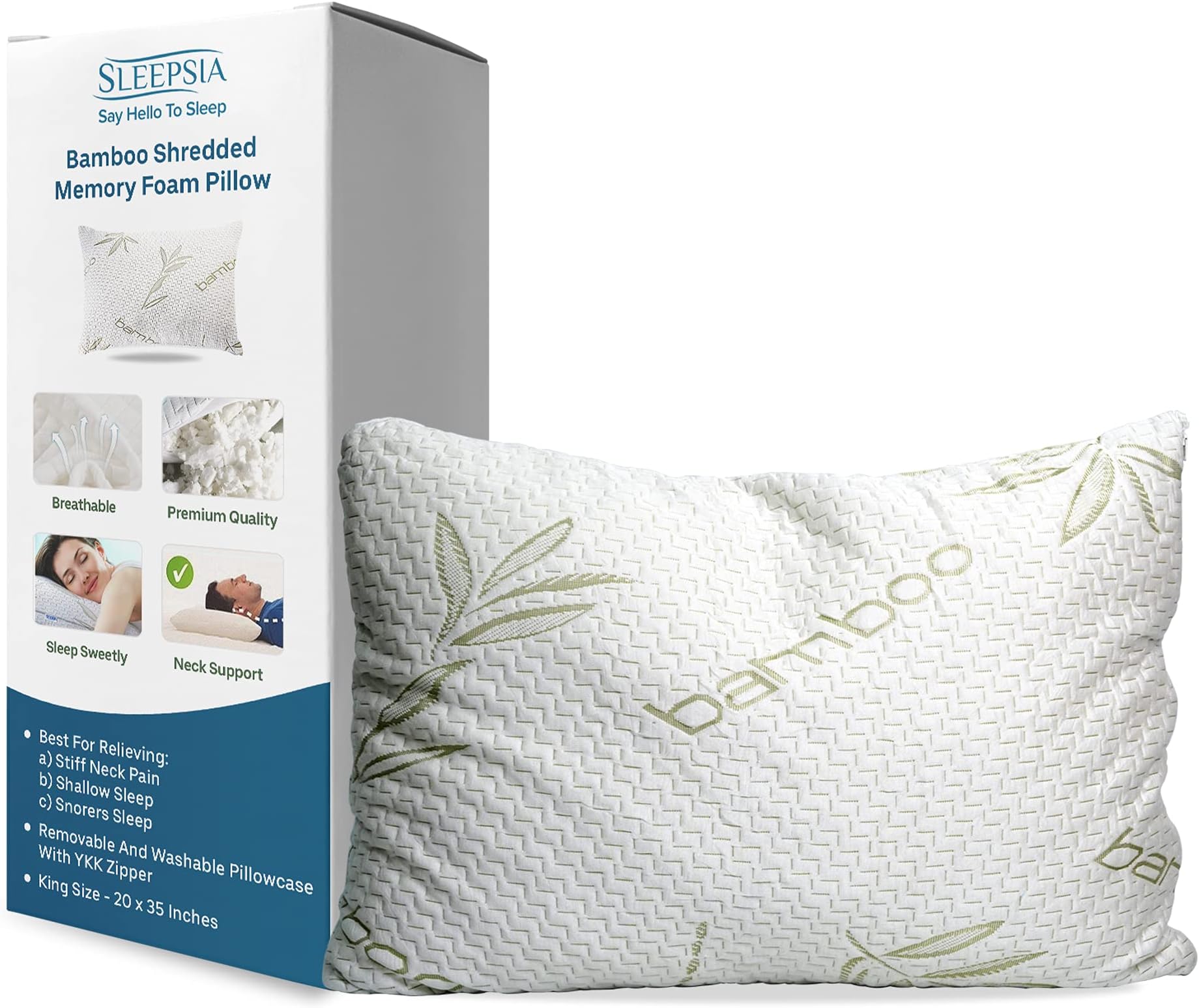 SleepsiaKing Size Viscose Derived Bamboo Pillow (Set of 1) Shredded Memory Foam Premium Pillow for Side, Back & Stomach Sleepers- Breathable Pillow for Sleeping with Washable Cover (35"X20")