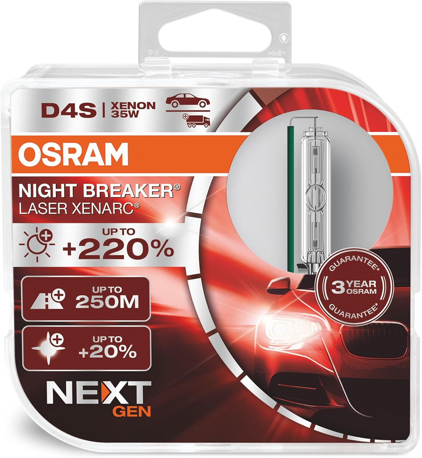 OSRAM XENARC NIGHT BREAKER LASER D4S, Next Generation, 220% more brightness, HID xenon bulb, 66440XNN-HCB, Duo Box (2 lamps), white