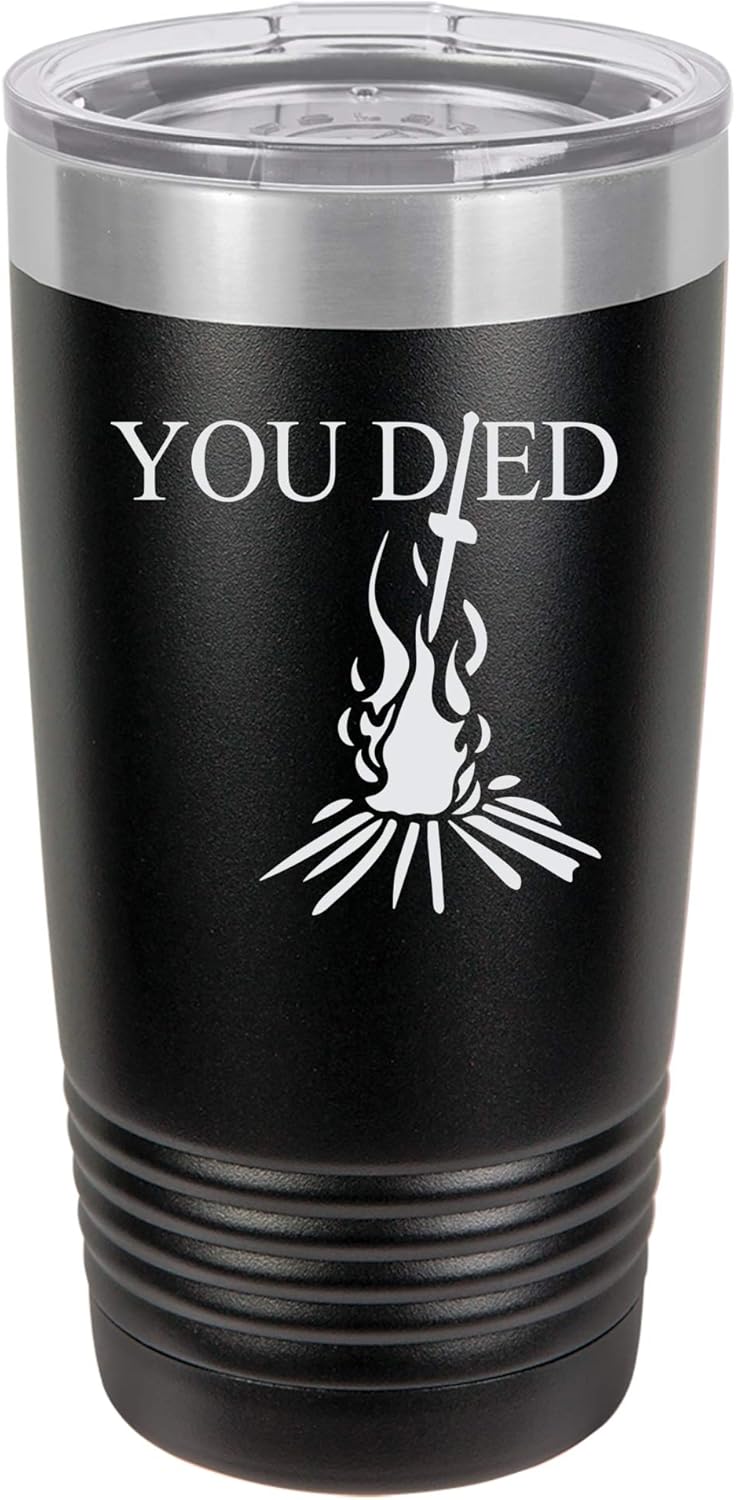 "You Died" Video Game Souls of the Dark Bonfire Design Engraved Vacuum Insulated Travel Drink Tumbler, 20 Oz., Black