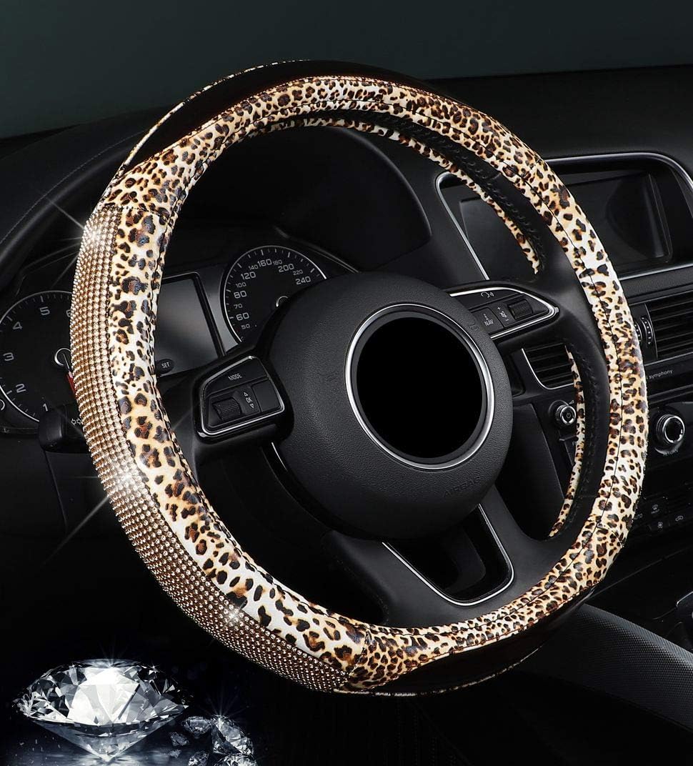 NAWATAFDiamond Steering Wheel Cover with Bling Rhinestones Leopard Pattern Leather Universal Fit 15 Inch Car Wheel