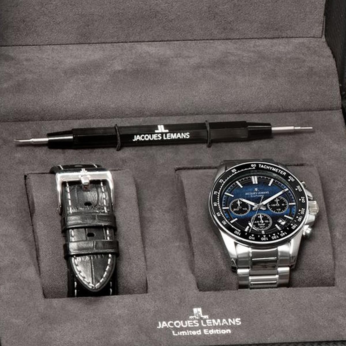 JACQUES LEMANS 50-10B Solar Chronograph Limited Edition zegarek męski 42 mm szkło szafirowe 10 ATM bransoletka ze stali nierdzewnej kolor srebrny ze skórzanym paskiem