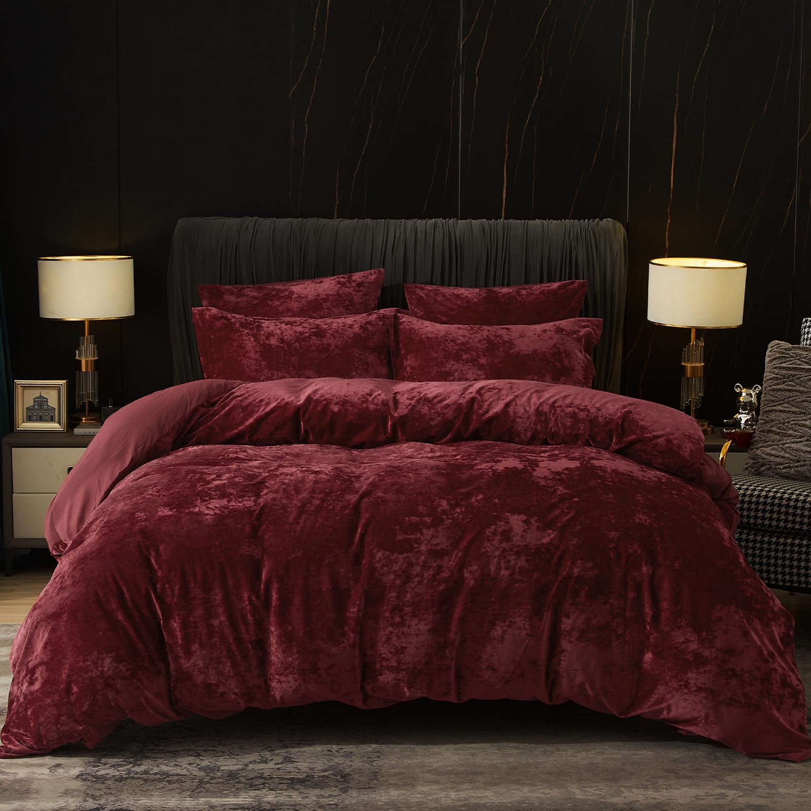 phf truly velvet duvet cover set king size, 3pcs ultra soft breathable comforter cover set, luxury cozy flannel duvet cover with pillow shams bedding collection, 104" x 90", wine red