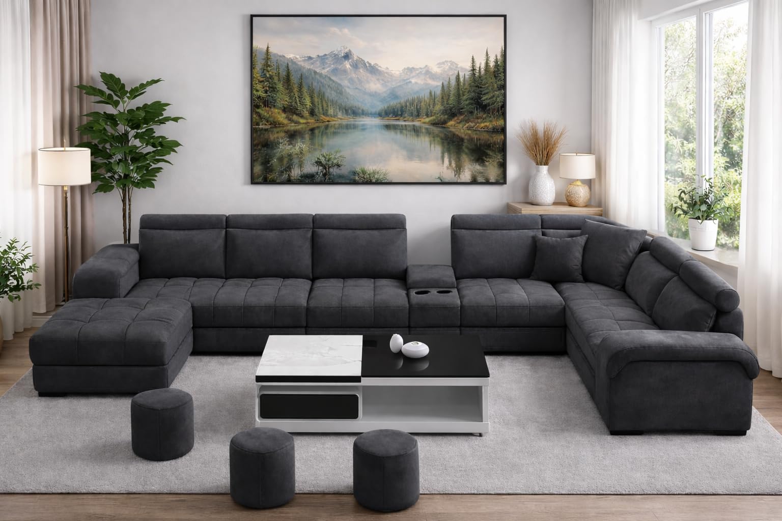 opulence u shape sofa set for living room 9 seater |(dark grey) premium velvet fabric sectional sofa couch with 3 puffy & ottoman | large modular u-shaped sofa set