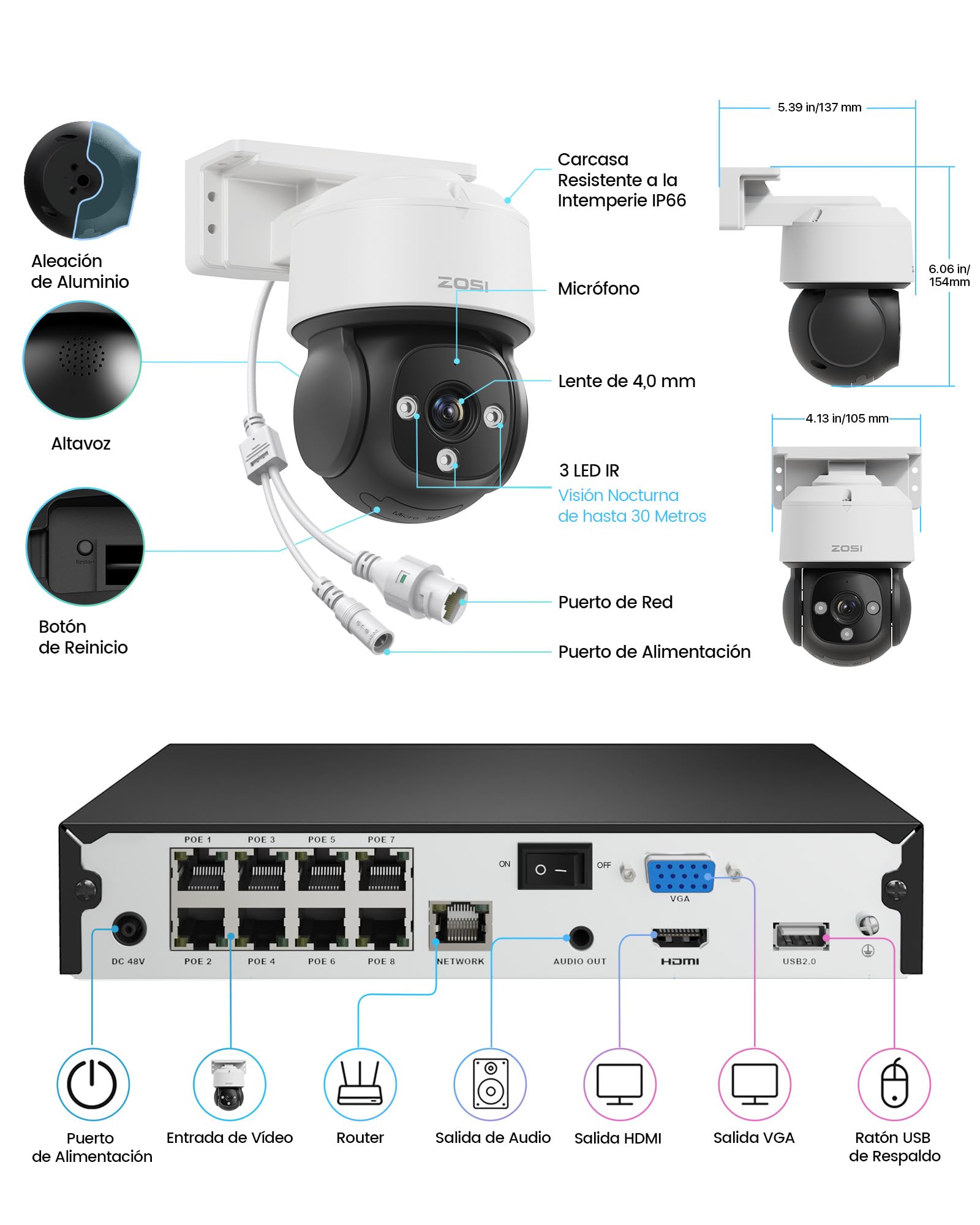 ZOSI Kit Cámaras de Vigilancia PoE 4K 8CH 2TB 8MP Exterior Vista 360° Detección Personas Vehículos Audio Bidireccional Seguimiento Automático