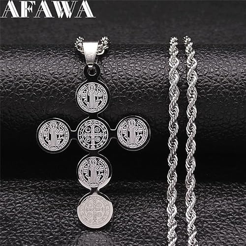 Miniatura 2 de MIYU - Collar de cruz de acero inoxidable con medalla cristiana de San Benito