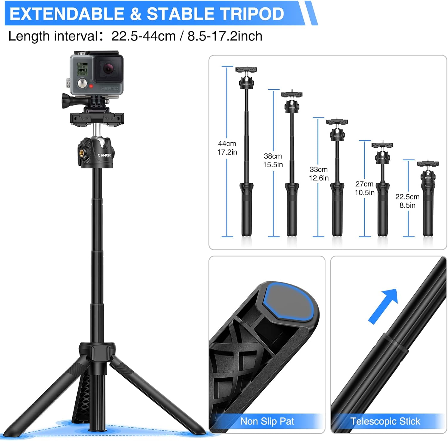 CAMOLO Mini Camera Tripod Extendable Small Selfie Stick Phone Tripod Stand with 360°Rotation Ball Head Phone Tripod Mount 2 Cold Shoe for iPhone/Smartphone/Camera/Gopro/Monitor for Vlog Selfie Video : Electronics