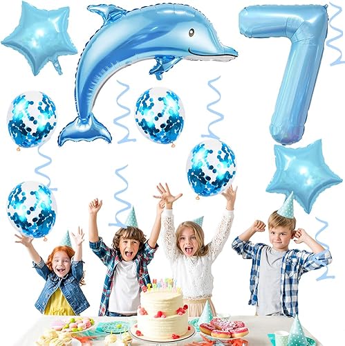 Miniatura 7 de Weenkeey Globos de cumpleaños de 7 delfín, globo gigante de papel de aluminio de delfín número 7, globos de Mylar de animales del océano para