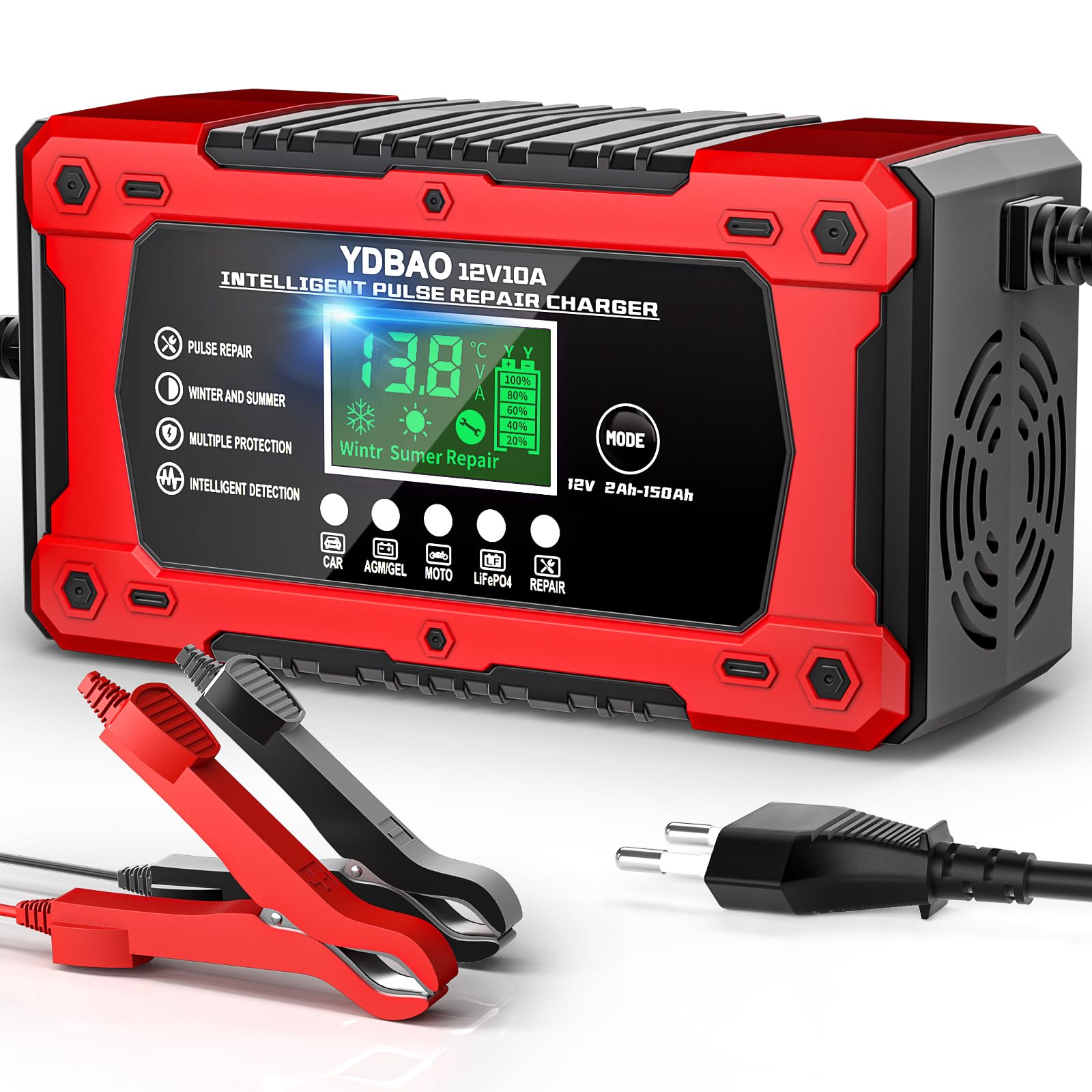 YDBAO Caricabatterie Auto 10A 12V Multi Protezioni Carica Batteria per Auto Intelligente Mantenitore di Carica Auto Moto con Schermo LCD per Moto, Barche, Auto, Batteria AGM, LiFePO4