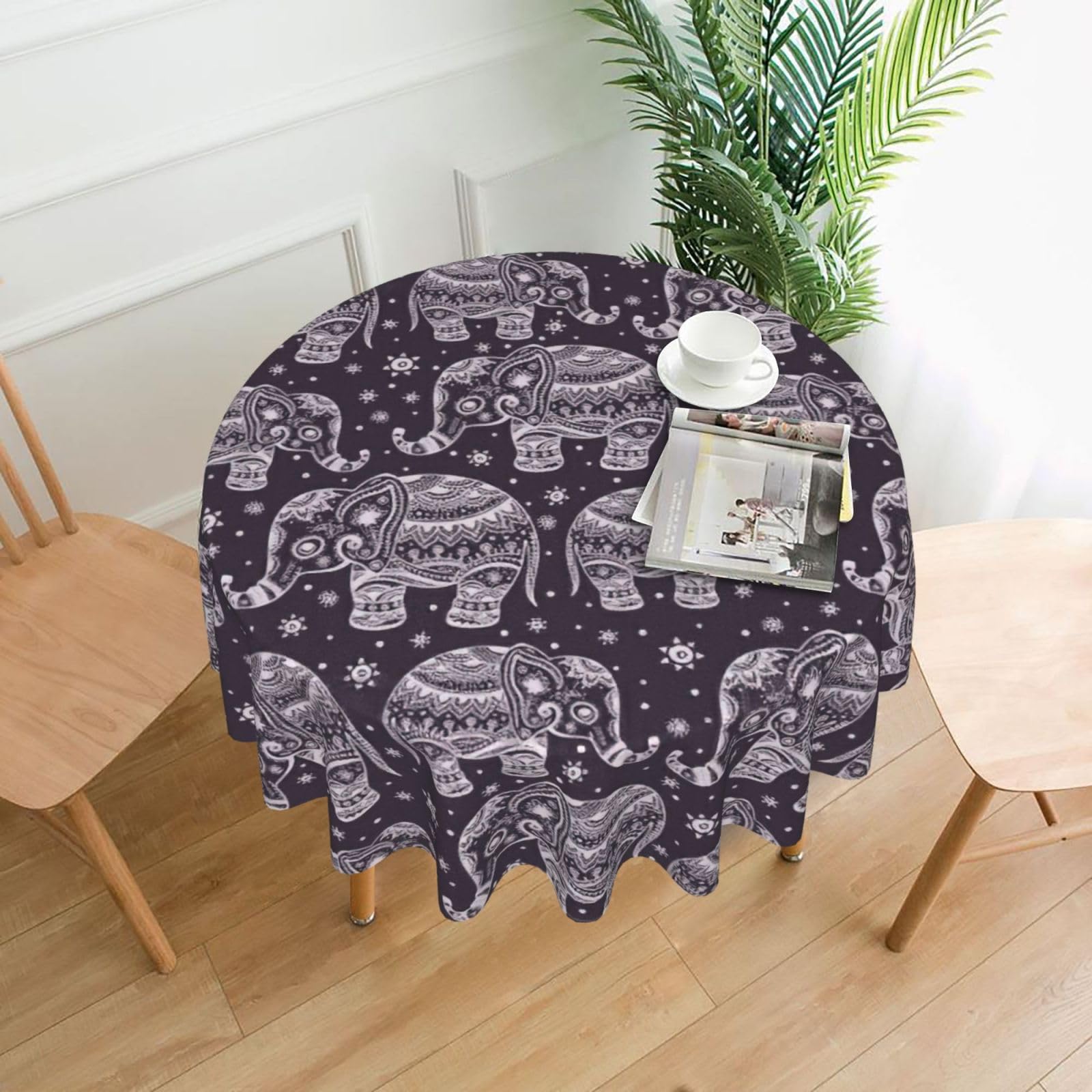 Uusnwaa Cartoon Cute Elephant Print Round Tablecloth 60 Inch, Stain Wrinkle Resistant Washable Polyester Table Cover For Kitchen Party