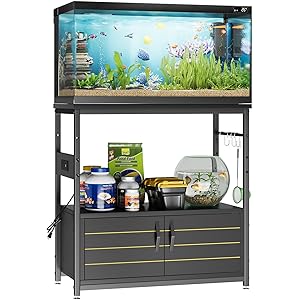 Bestier 20-29 Gallon Fish Tank Stand with Power Outlets, Metal Long Aquarium Stand with Storage Cabinet, 31x15 Reptile Terrarium Stand with Horizontal Gold Line, Stainless Hooks, 350 Lbs(Bla