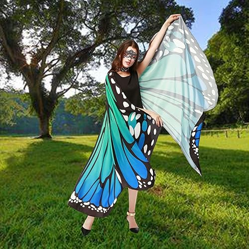 Miniatura 4 de Alas de mariposa para mujer, paquete de 3 disfraces de Halloween, incluye capa de mariposa, máscara y arnés (azul)