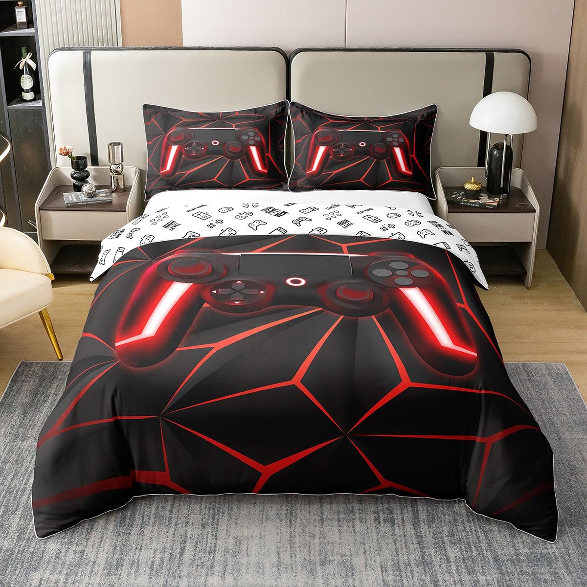 Gamer 100% Baumwolle Bettbezug für Kinder Jungen Jugend Spiel Controller Bettwäsche Set 155x220 Gaming Geschenke Tröster Bezug Rot Schwarz Geometrische Linien Bett Sets Reversible mit 1 Kissenbezug