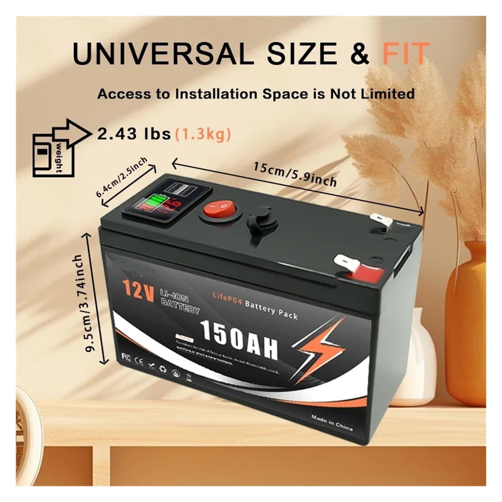 Batteria al litio LiFeP04 da 12 V e 150 Ah con BMS integrato for applicazioni di ricarica solare, fishfinder, campeggio, nautica, all'aperto, fuori rete, con porta USB(100Ah)