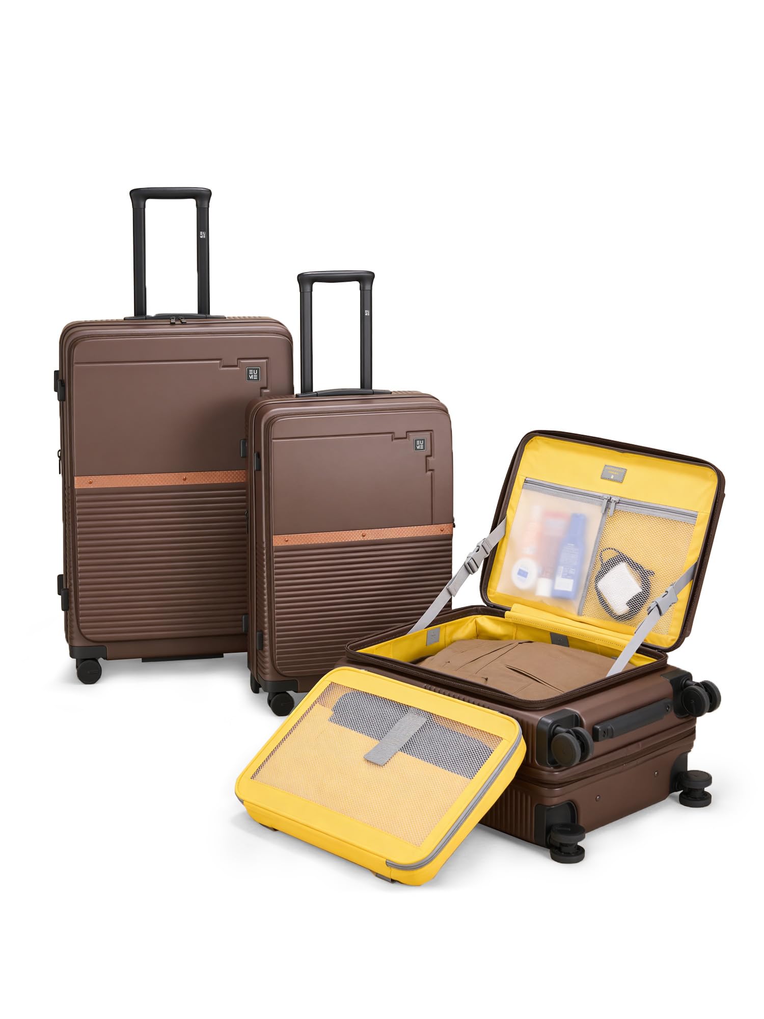 EUME Aerotop Cabin, Checkin Medium & Large Trolley Bag Set of 3 | Space Saving Top Open Suitcase | Expandable Hard Polycarbonate Luggage | TSA Lock, Anti Theft Zipper, Silent Wheels | Espresso Brown