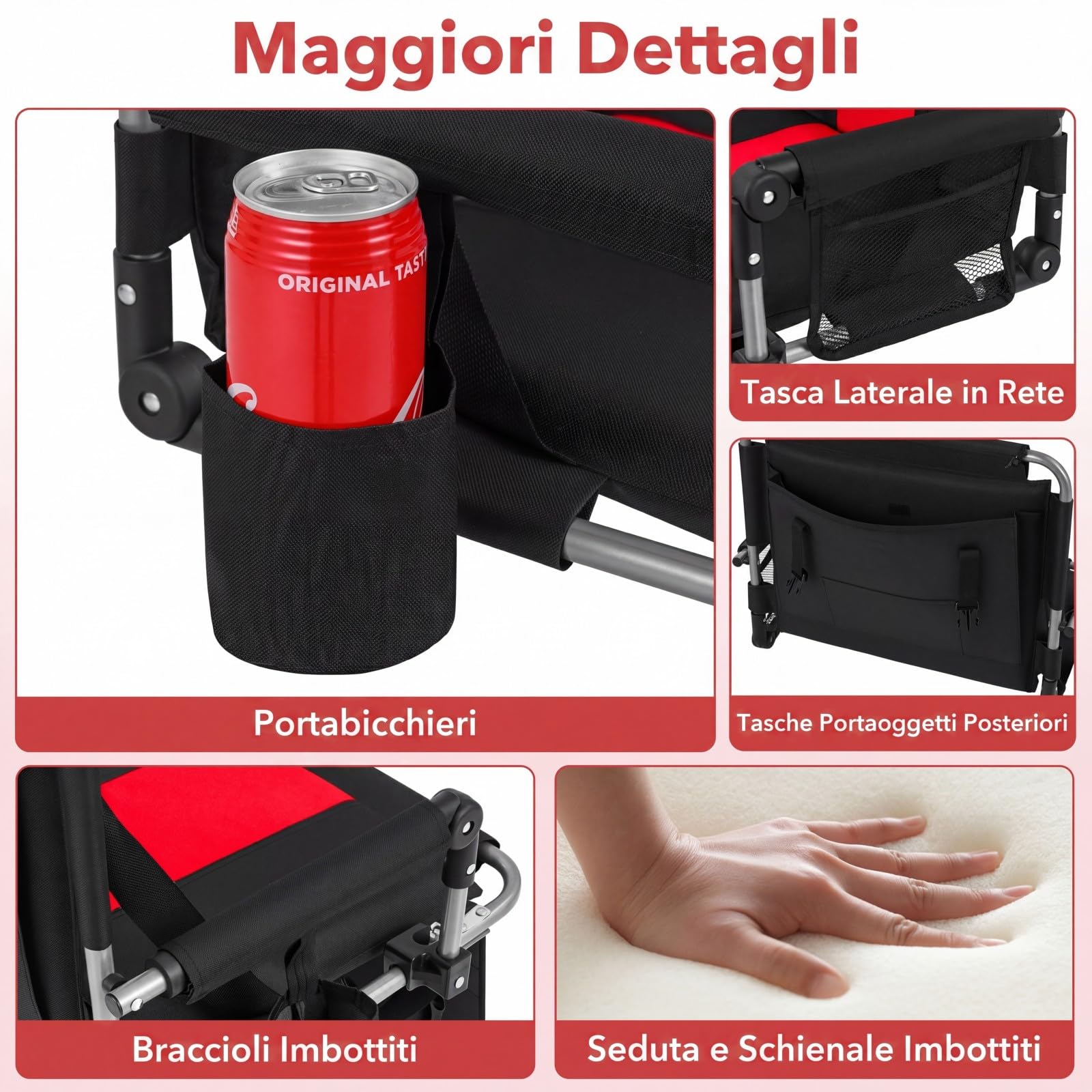 GOPLUS Silla de Estadio Portátil Plegable con Respaldo Acolchado, Reposabrazos, Asa de Transporte y Correa Ajustable,Portavasos y Bolsillos,Conjin de Exterior para Eventos (54x43x44 cm,Negro+Rojo)