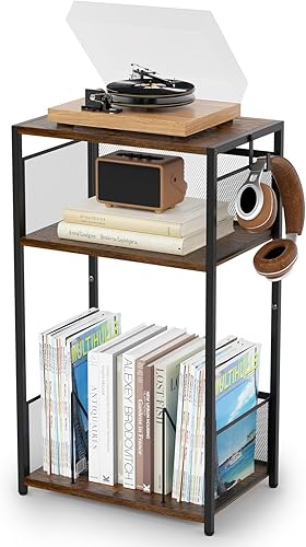 Aduanbang Soporte para tocadiscos de 3 niveles con almacenamiento para hasta 100 álbumes de vinilo, estante giratorio con acabado marrón para sala