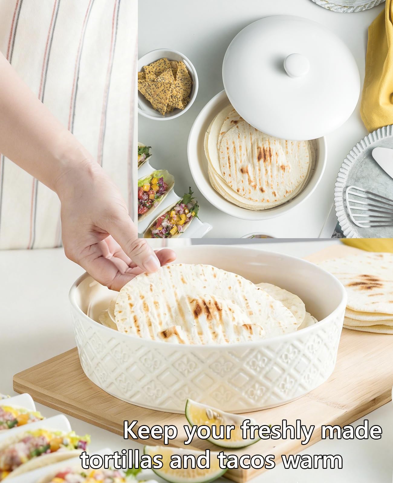 Große Tortilla-Wärmer mit Deckel, 22,6 cm, geprägte Keramik-Tortilla-Halter, ofenfest, Taco-Dienstag, Taco-Bar, mikrowellengeeigneter Frischhaltedose, Brotwärmer, Pfannkuchenwärmer, Weiß
