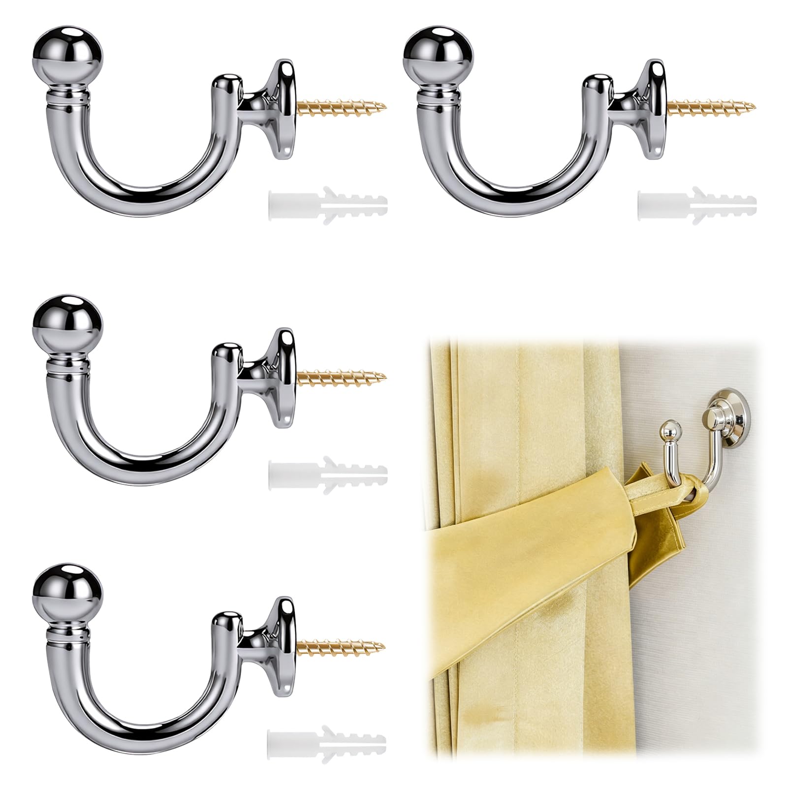 4 PCS Curtain Tie Backs Hooks, U-Shaped Tie Back Hooks for Curtains, Heavy Duty Silver Curtain Tie Back Hooks for Curtains Coats Clothes, Silver