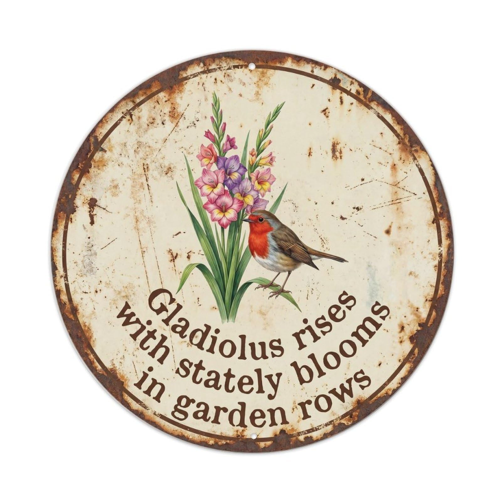 Robin Bird Garden Quote Gladiolus RoundMetal Tin Sign