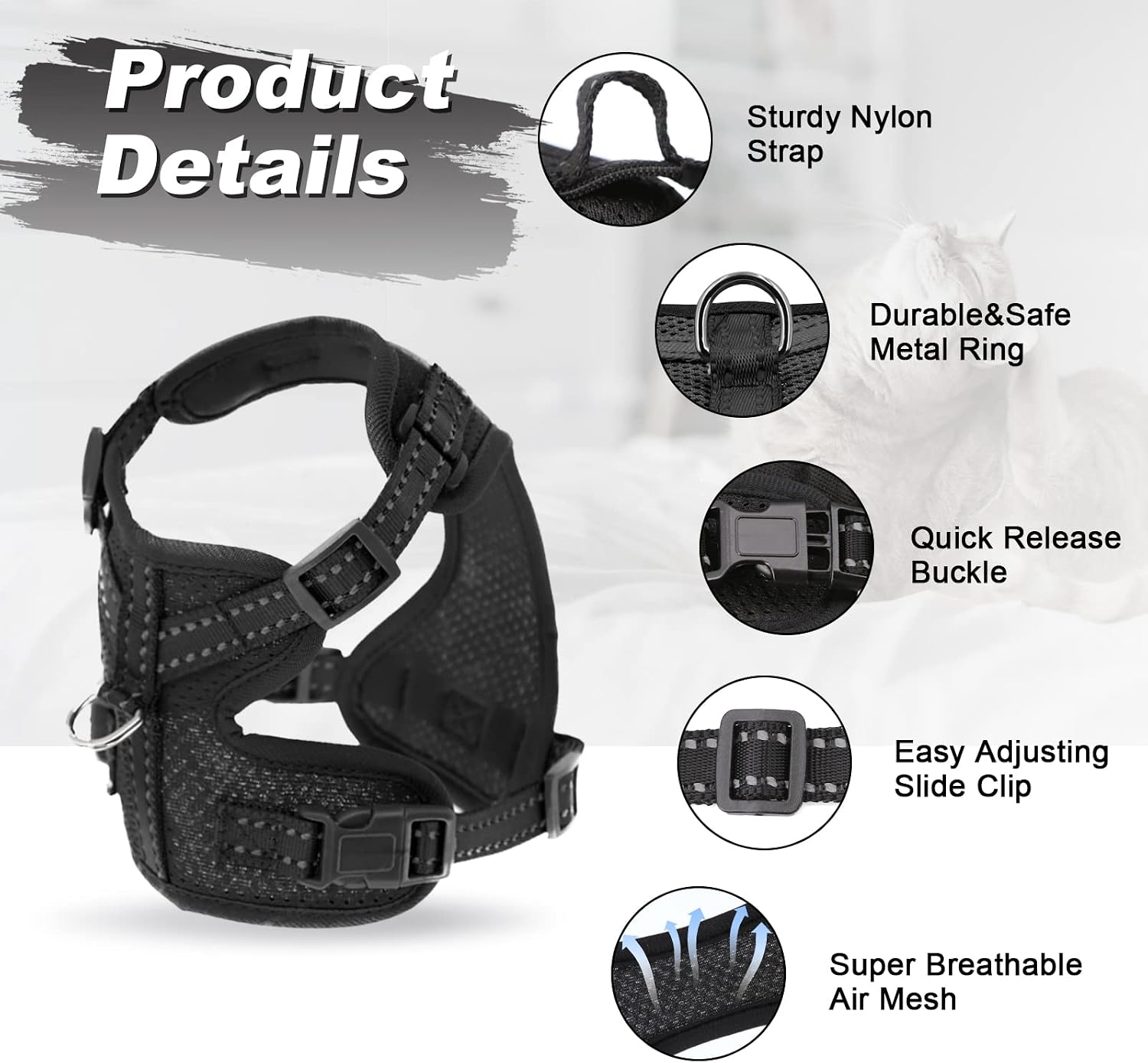 Supet Cat Harness and Leash Set for Small to Large Cats Adjustable Cat Vest Harness with Reflective Trim Universal Cat Leash and Harness for Cats/Puppies Outdoor Walking