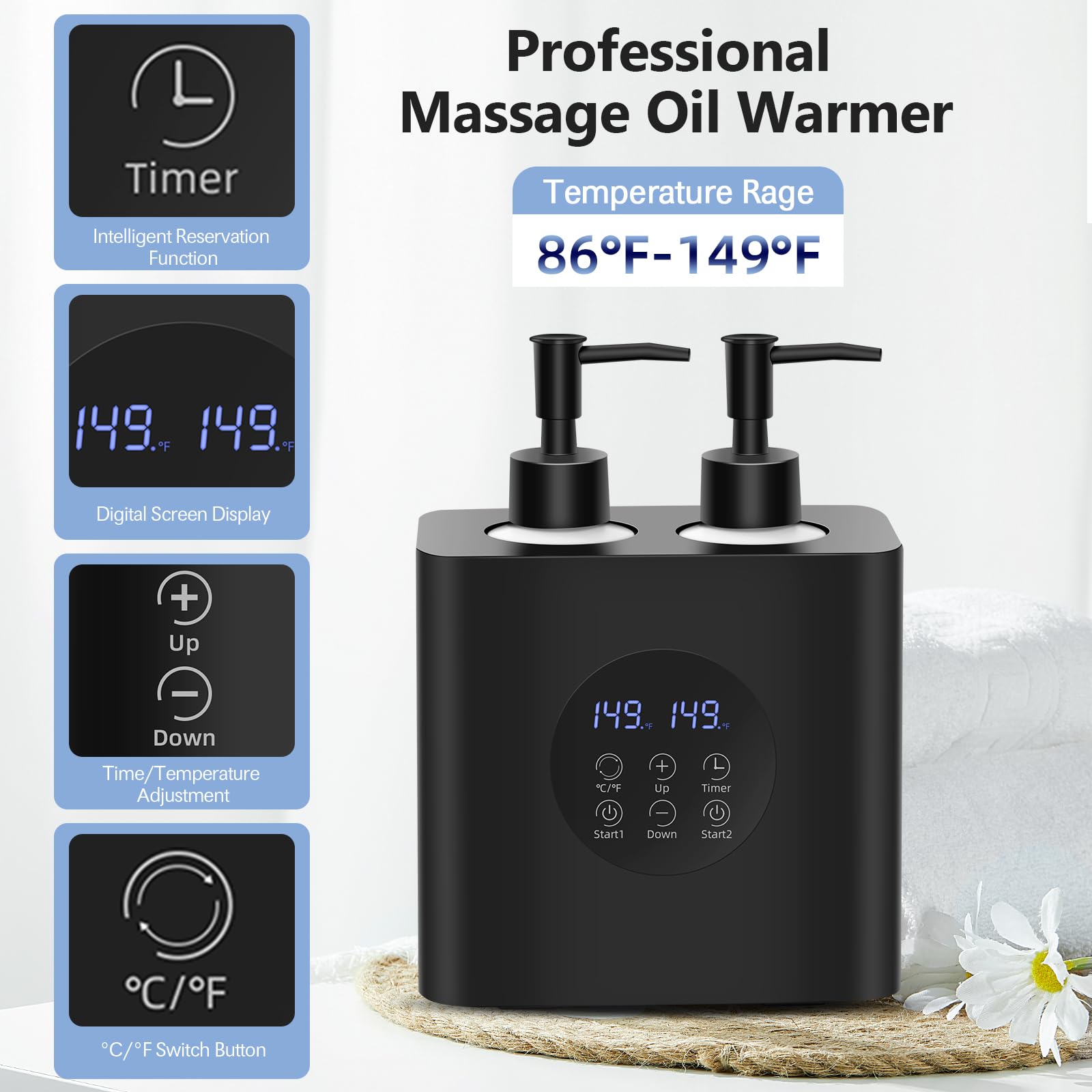 Chauffe-Huile de Massage Double iklestar avec Quatre Flacons d'Huile, Distributeur de Crème Chauffant Automatique