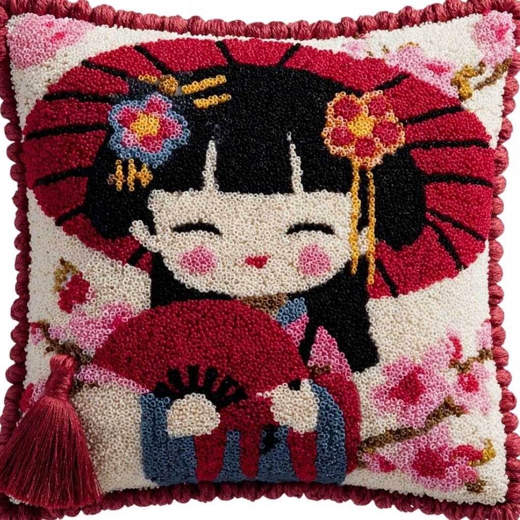 WallustrioaW Latch Hook Pillow Case Kits,Japanese Geisha 17X17 Inch Latch Hook Cushion Cover Kit,Knitting Kits Cushion for Adults Rug Making Kit for Starters