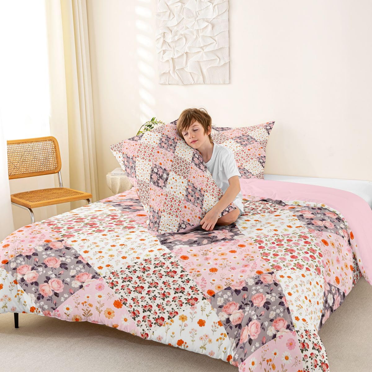 Homewish Zestaw pościeli w stylu boho podwójny, wiejski kwiatowy zestaw pościeli boho, wiejski kwiat, rustykalny zestaw kołdry, patchworkowa różowa stokrotka, poszewka na kołdrę z 2 poszewkami na