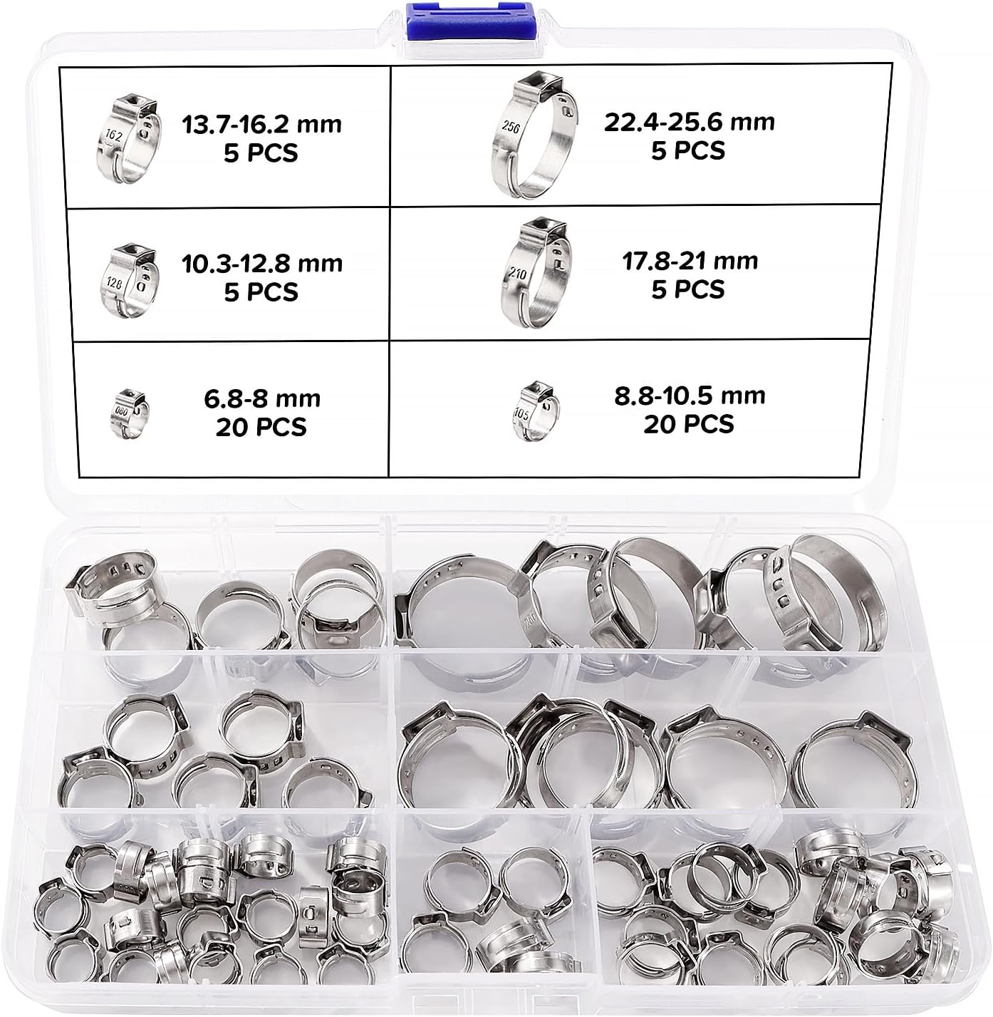 60 Pieces 6 Sizes 6.8-25.6 mm Single-Ear Hose Clips Kit Stainless Steel Single Ear Hose Clamps Continuous Single-Ear Hose Clamps for Water Pipes Plumbing and Automotive Use