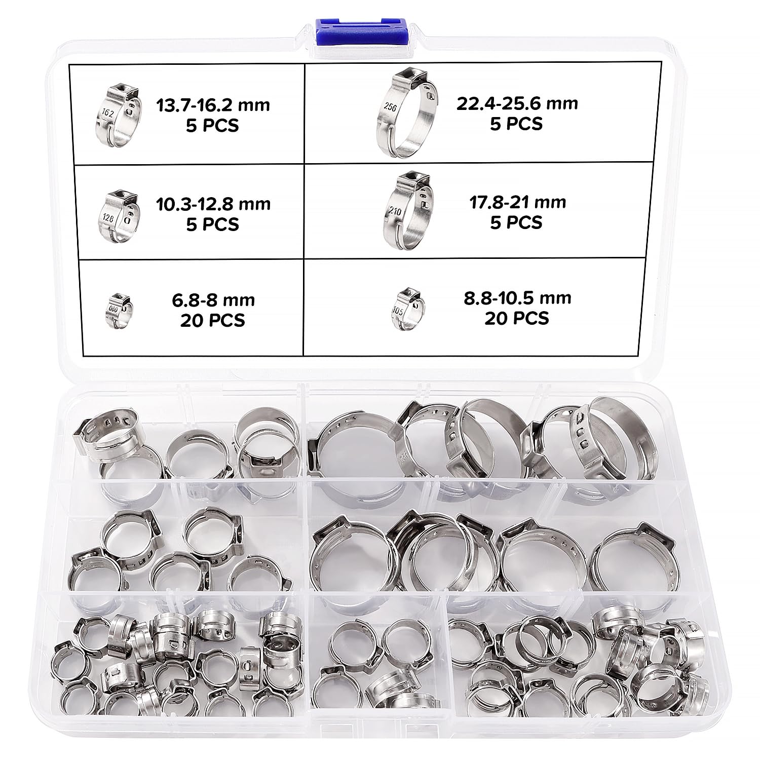 Lyeteung 60 PCS 6 Sizes 6.8-25.6 mm Single Ear Hose Clamps Kit, Stainless Steel Single Ear Stepless Hose Clamps