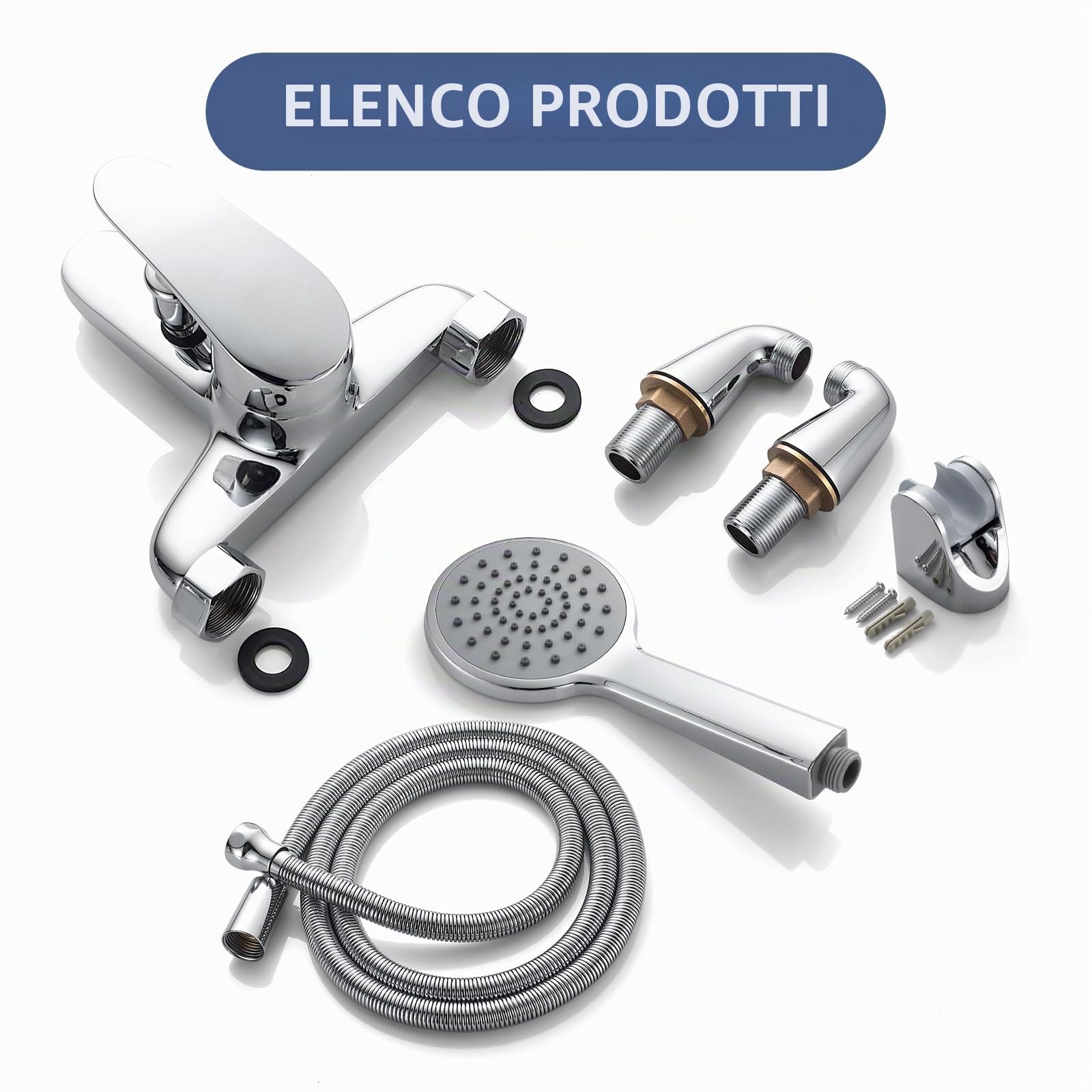Miscelatore per vasca da bagno, 180 mm, con soffione e tubo flessibile, cromato