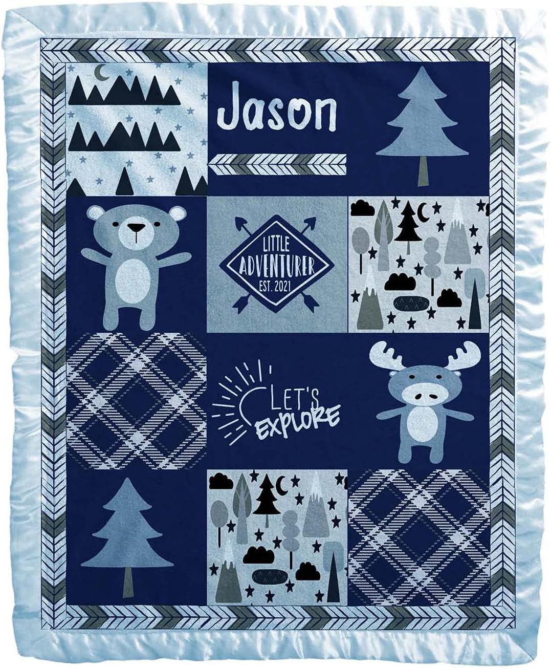 Baby Blankets with Baby' Name Year (Blue, 30x40) Woodland Animals Bear Adventure Explorer for Newborn Baby Room Nursery Christening or Baptism