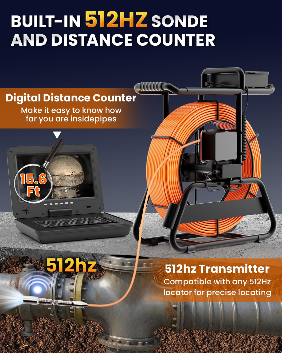 10'' Sewer Camera with 512Hz Transmitter - 7MM/200Ft/60M Self Leveling Drain Camera & Meter Counter & 5X Zoom - 145° Plumbing Pipe Inspection Cam - 1080P IPS Adjustable Monitor with Keyboard