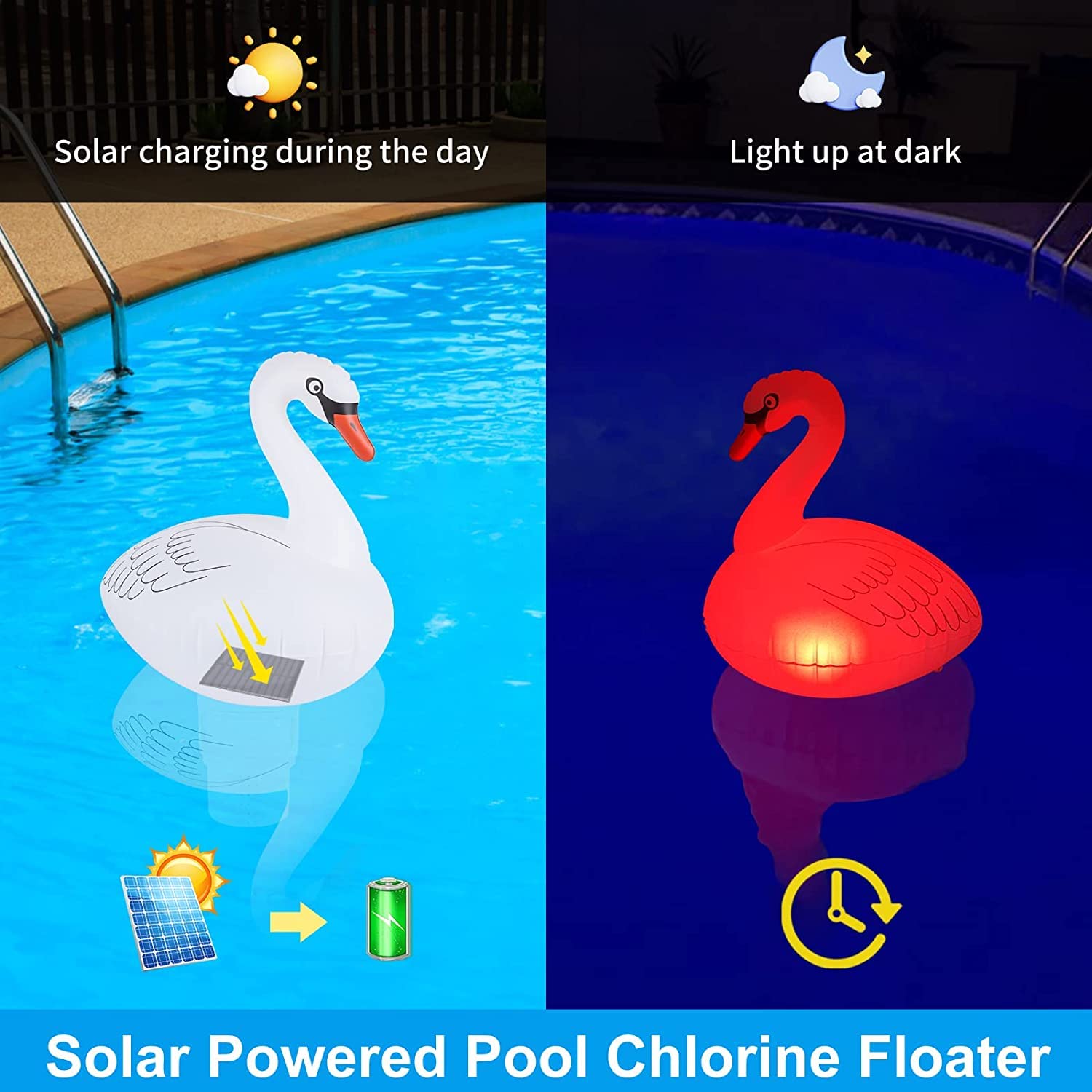 Dispensador Cloro Piscina Flotante, Flotador Cloro para Piscinas con Luz Solar en Cisne Hinchable, Dosificador Cloro Piscina con Abertura Grande, Dispensador de Cloro para SPA