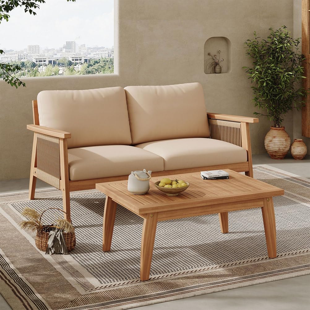 2 Piece Outdoor Patio Furniture Set, Acacia Wood Loveseat & Coffee Table Set with Rope Woven Backrest & Cushions for Backyard Balcony Deck Garden Conversation Seating