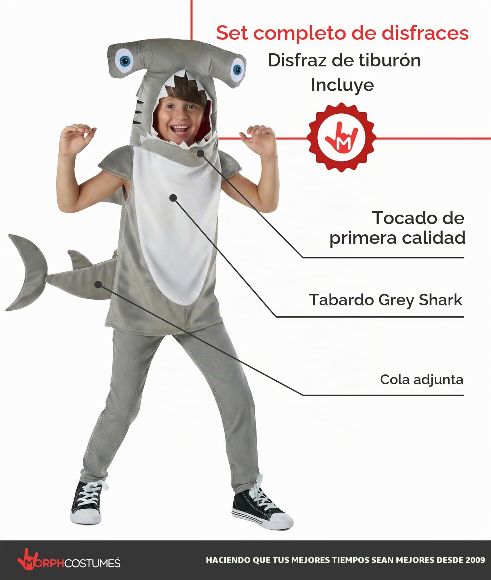 Morph Costumes Disfraz Tiburón Niño y Niña, Tiburón Martillo, Pez, Animales Marinos, Carnaval y Halloween
