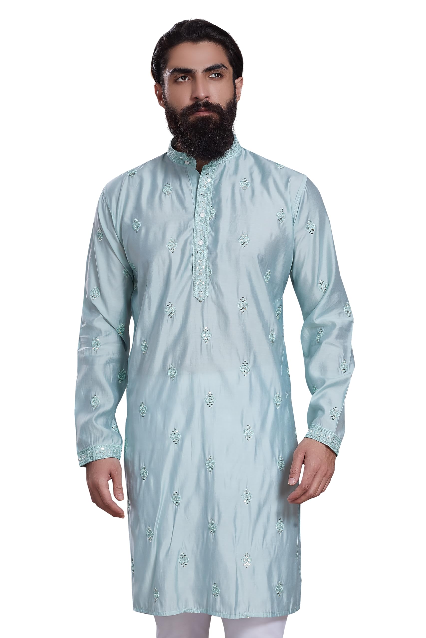 Divisive Men's Embroidered Cotton Silk Blend Only Slim Fit Kurta (Dkrt213_M_Sea Green)